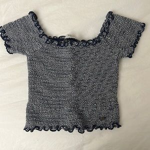 Blue and white striped off the shoulder smocked crop top